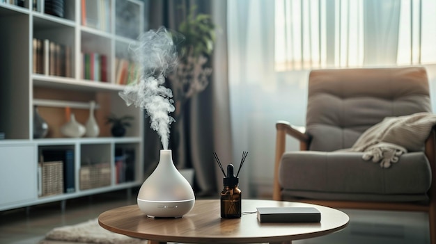 A sleek aroma oil diffuser on a table beside a comfortable chair in a reading nook