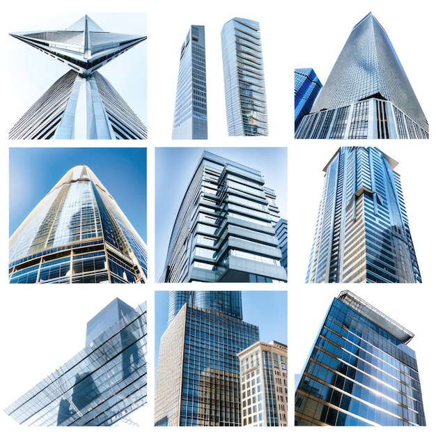 A sleek art collage showcasing the elegance of modern architecture featuring images of minimalist designs sleek skyscrapers and cuttingedge amenities isolated on white background