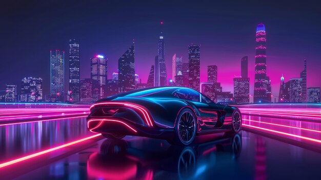 Sleek autonomous electric vehicle navigates through a futuristic smart city