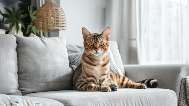 A sleek Bengal cat with striking markings sitting majestically on a modern minimalist couch in a stylish welllit living room