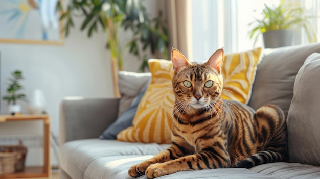 A sleek Bengal cat with striking markings sitting majestically on a modern minimalist couch in a stylish welllit living room