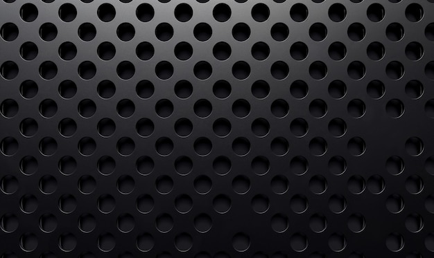 A sleek black background with a metal grid pattern featuring evenly spaced holes