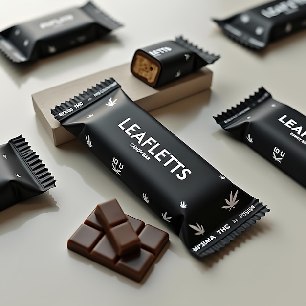 Photo sleek black candy bar mockup with natural leaf motif