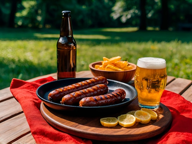 Photo a sleek black ceramic plate with juicy grilled sausages paired with a chilled glass of golden beer