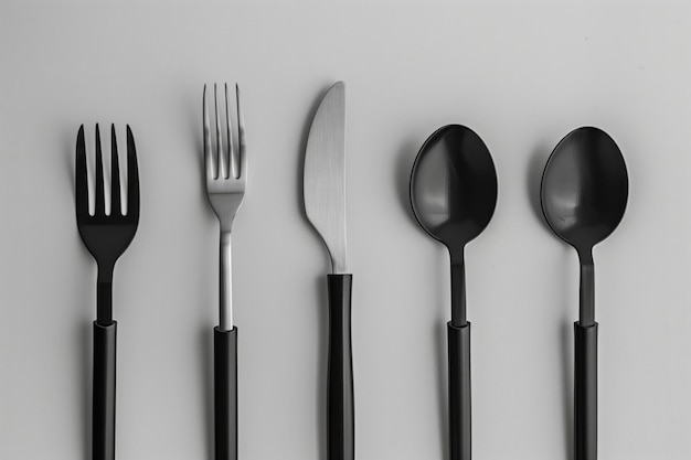 Sleek black cutlery set including two forks a knife and two spoons aligned on a clean white surface