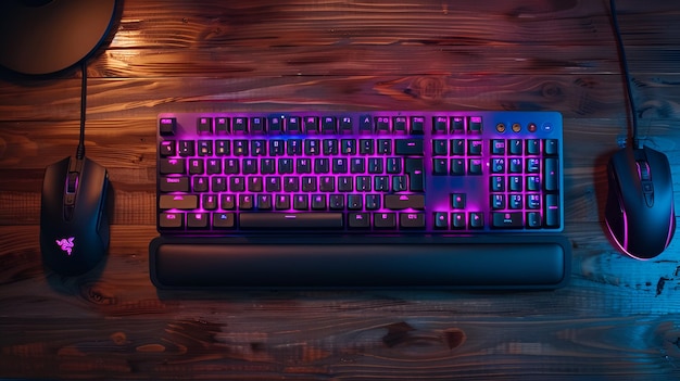 Photo sleek black keyboard with led lights amp gaming mouse on dark wooden desk stylish gaming setup