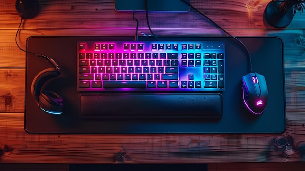 Sleek Black Keyboard with LED Lights amp Gaming Mouse on Dark Wooden Desk Stylish Gaming Setup