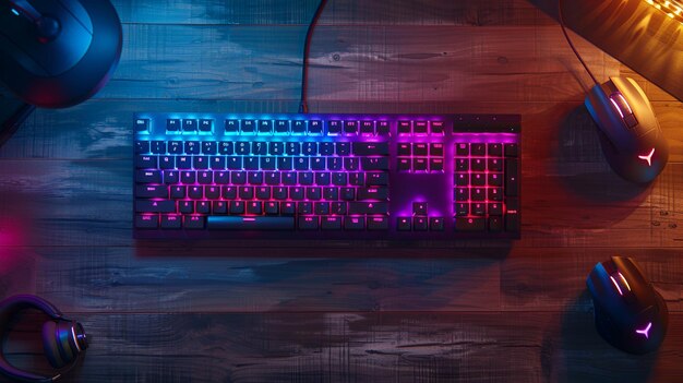 Sleek Black Keyboard with LED Lights amp Gaming Mouse on Dark Wooden Desk Stylish Gaming Setup