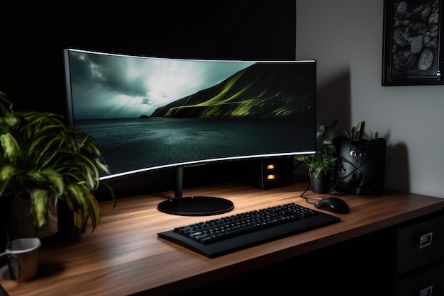 Sleek Black Monitor With Minimalist Desktop Background Generative AI