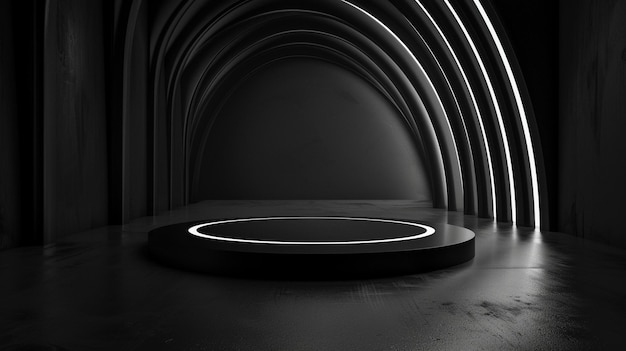 Sleek Black Podium in Futuristic Environment