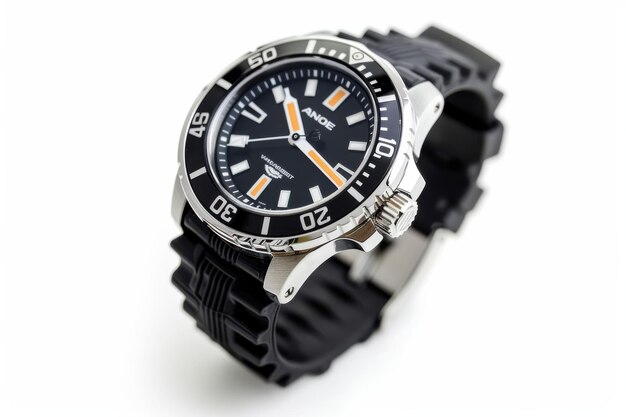 Photo a sleek black and silver diver39s watch with orange accents on a rubber strap