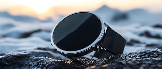 A sleek black smartwatch resting on a rocky surface against a scenic backdrop showcasing modern design and outdoor adventure