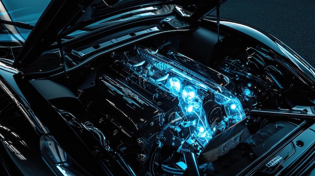 Photo sleek black sports car engine with illuminated technological glow