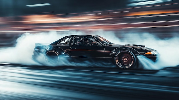 Photo a sleek black sports car performs a drift on a race track creating smoke and capturing