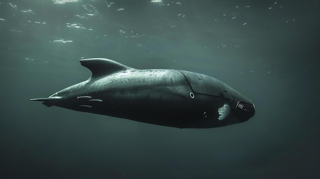 A sleek black submarine glides silently through the deep blue sea