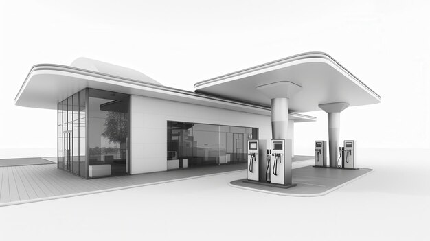 Photo a sleek black and white gas station design showcasing fuel pumps and a modern architectural aesthetic on a clean white background generative ai