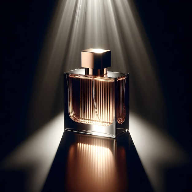 A sleek bottle of perfume placed on a reflective black surface