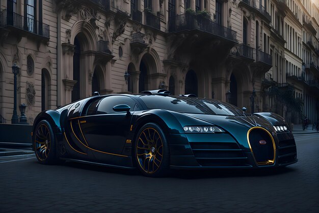 Sleek bugatti veyron supercar in a bustling cityscape with traditional architecture generative by AI