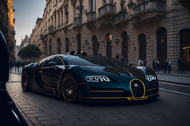 Sleek bugatti veyron supercar in a bustling cityscape with traditional architecture generative by AI