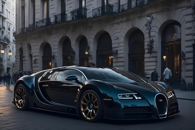 Sleek bugatti veyron supercar in a bustling cityscape with traditional architecture generative by AI