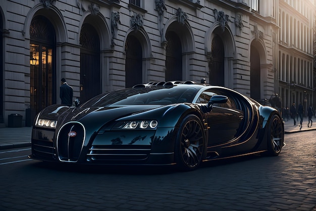 Sleek bugatti veyron supercar in a bustling cityscape with traditional architecture generative by AI