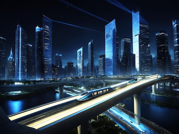 A sleek bullet train zooms across a futuristic bridge in a neonlit cityscape at night