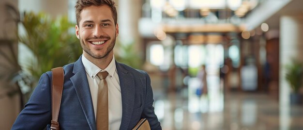 Sleek businessman rushing down the office hallway satisfied with his business bag