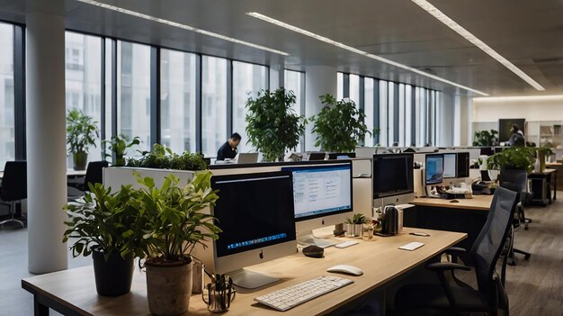 Photo sleek bustling office landscape diligent employees