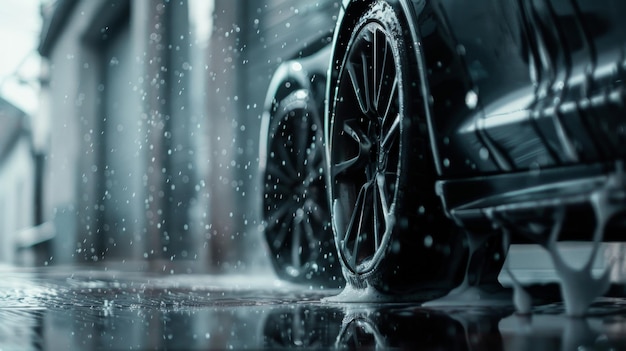 Sleek car under a dynamic spray of water on a wet urban road