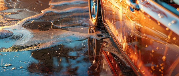 A sleek classic car gleams amidst reflections of bright lights on wet pavement exuding luxury and nostalgia in the twilight