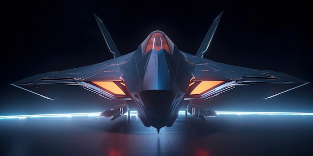 Sleek concept fighter jet armed with laser guns and adorned with LED lights Generative AI