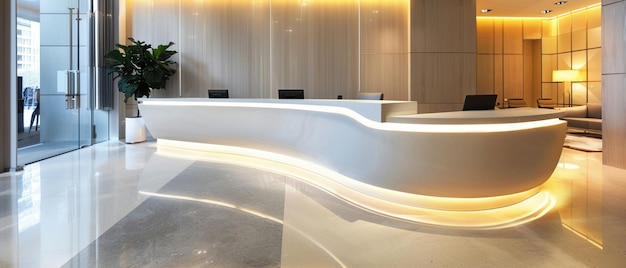 Photo a sleek curved reception desk in a modern office lobby