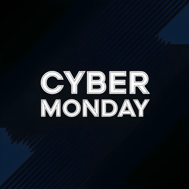 Photo sleek cyber monday graphic with white text on dark blue striped background