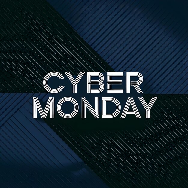 Photo sleek cyber monday graphic with white text on dark blue striped background