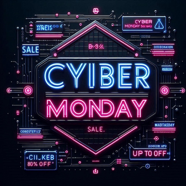 Photo sleek cyber monday sale design with neon typography digital aesthetic up to 80 off dark brick background and cursor icon