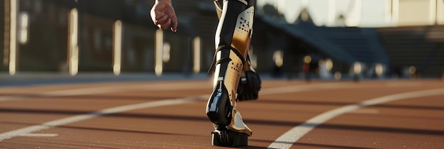 Photo sleek cybernetic leg with integrated shock absorbers being used by an athlete