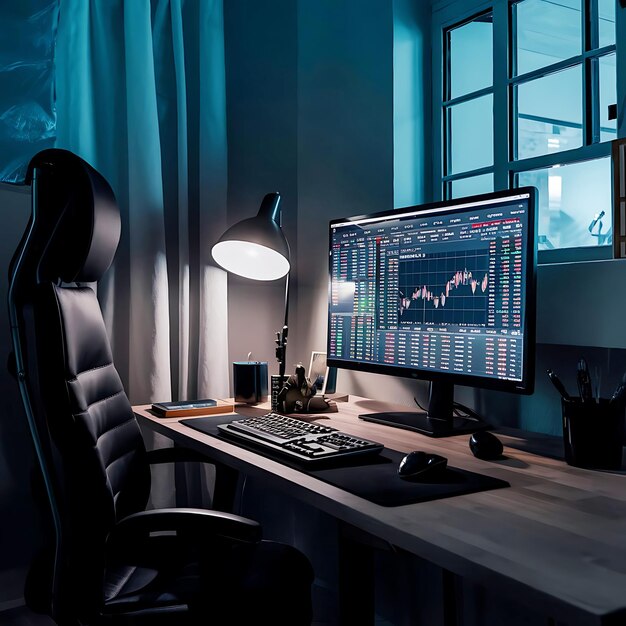 Photo sleek dark desk setup with realtime stock market dashboard