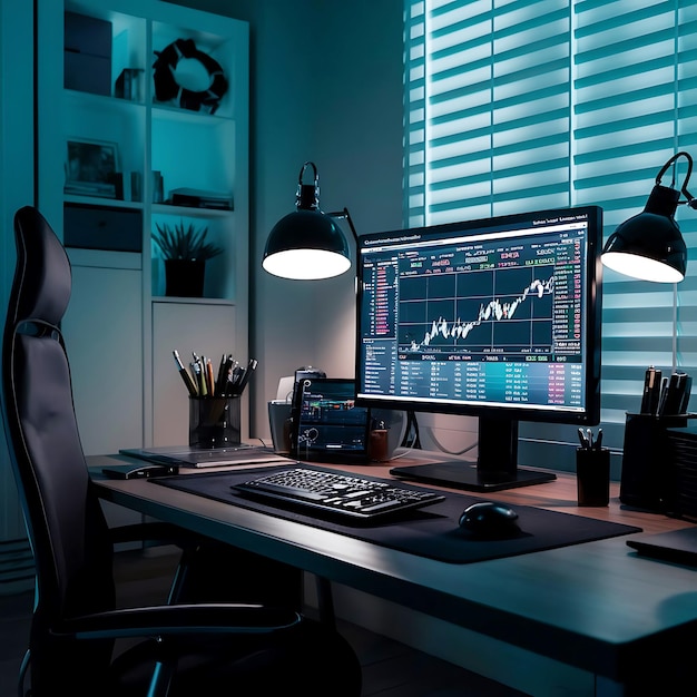 Photo sleek dark desk setup with realtime stock market dashboard