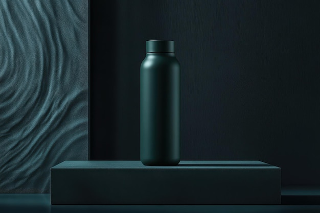 Photo a sleek dark water bottle stands on a minimalist pedestal against a textured background