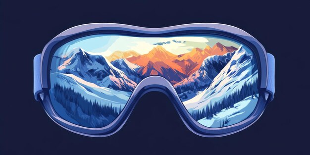 A sleek design showcases ski goggles reflecting stunning snowcapped mountains embodying the thrill of winter sports and outdoor adventures