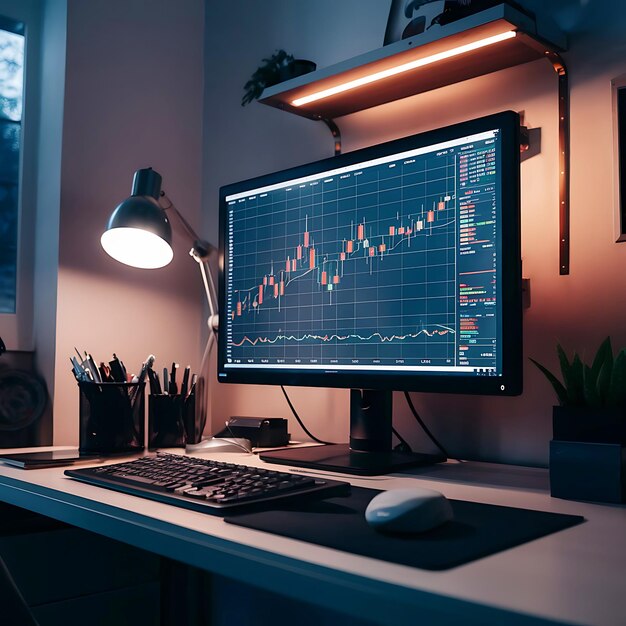 Sleek Desk Setup with Candlestick Chart Displayed on Monitor Under Ambient Lighting