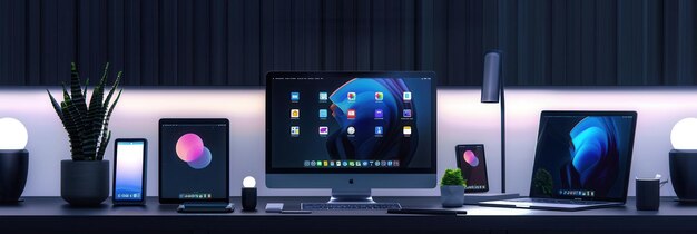 Photo sleek desk with modern laptops and tablets displaying vibrant app interfaces and work processes ideal for showcasing technology software and productivity generative ai