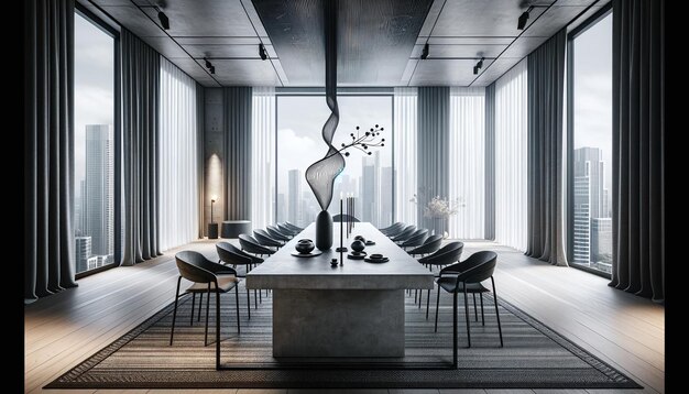 Sleek Dining Space Concrete Table and Artistic Centerpiece