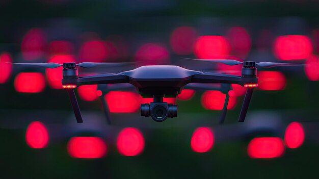 A sleek drone captured in flight against a backdrop of vibrant red lights showcasing modern technolo