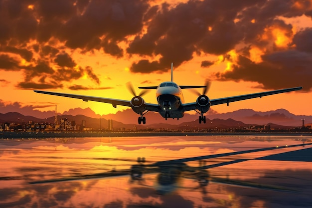 Sleek electric airplane taking off during sunset created with generative ai