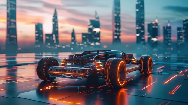 Sleek electric vehicle chassis phantom view on a futuristic cityscape background twilight ambiance