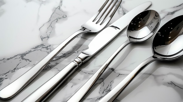 A sleek elegant silverware set arranged neatly on a white marble background