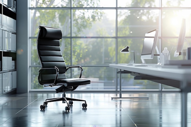 Sleek executive office with modern furniture and large windows providing a professional and inspir