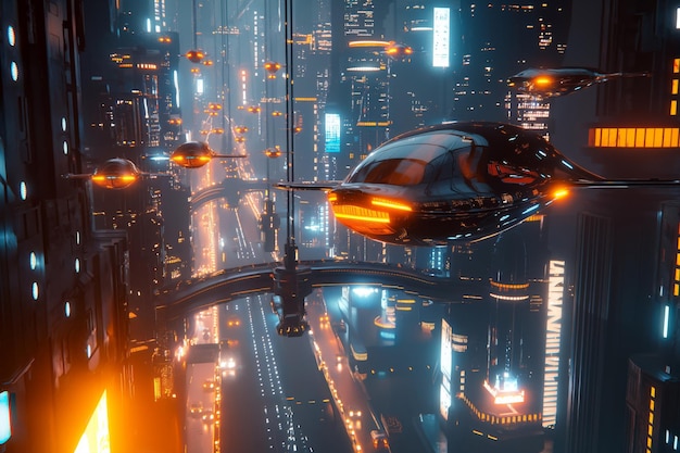 Sleek flying car soars between illuminated highrise buildings in a neonlit future metropolis at night