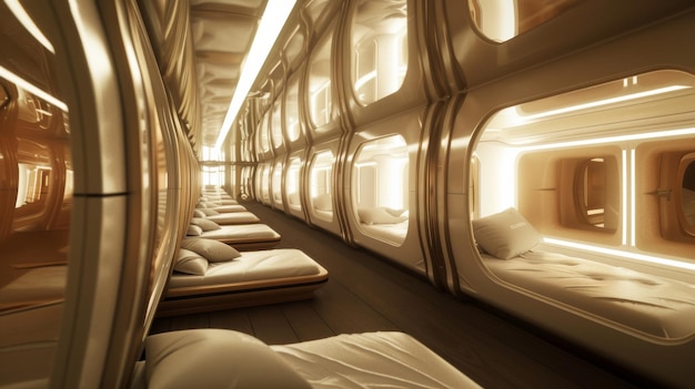 A sleek futuristic capsule hotel corridor with numerous cozy illuminated pods for guests reflecting modern minimalist design and innovation